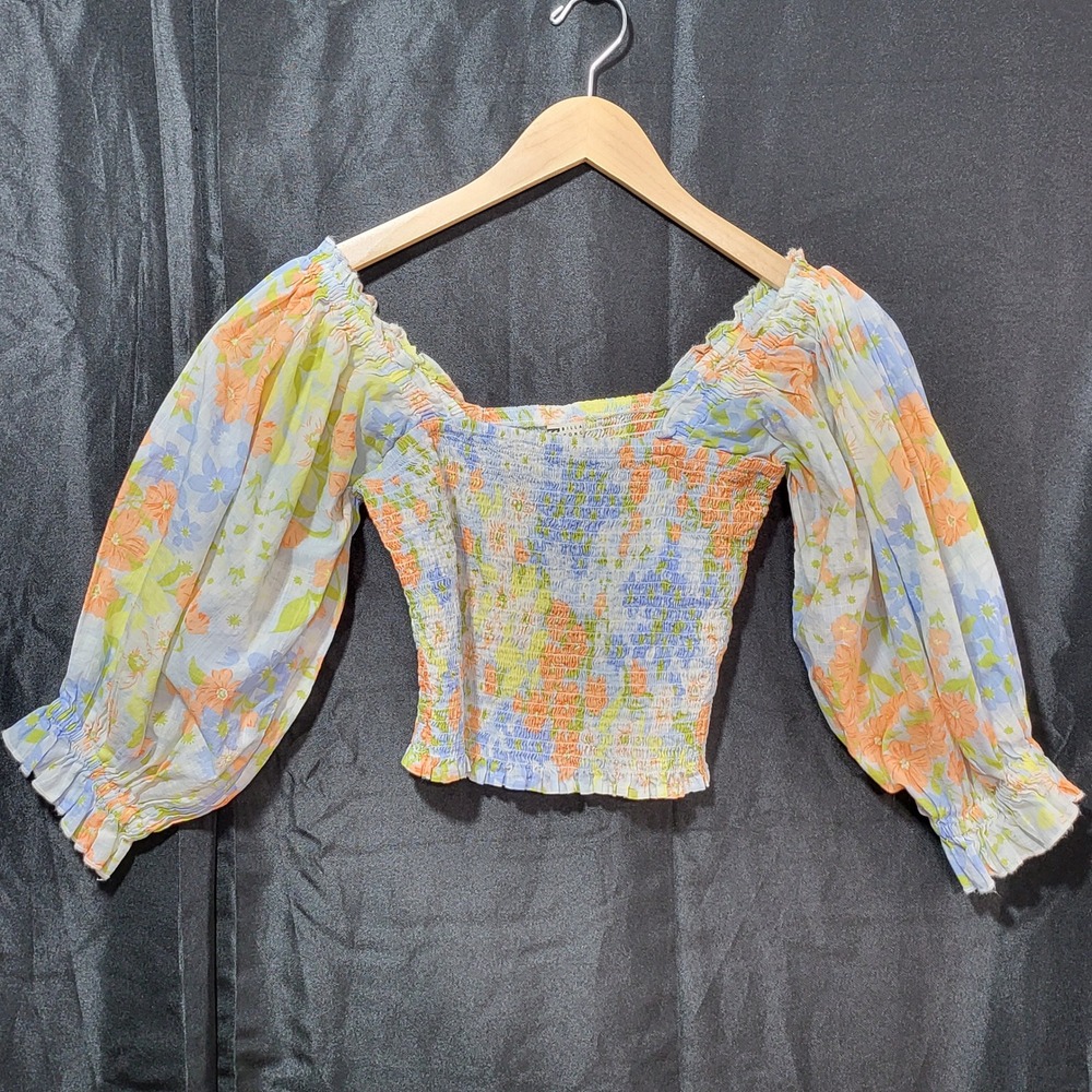 Billabong Womens Large Floral Smocked Crop Top Balloon Sleeve Boho Square Neck